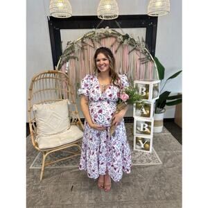 DEREK LAM COLLECTIVE White Purple Pink Floral Smocked Puff Sleeve Dress Size 48